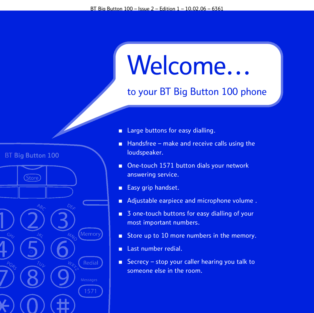 BT manual Welcome…, To your BT Big Button 100 phone 