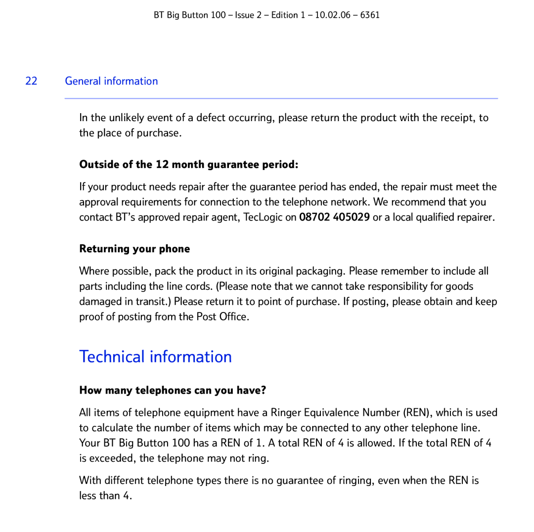 BT Big Button 100 manual Technical information, Returning your phone 