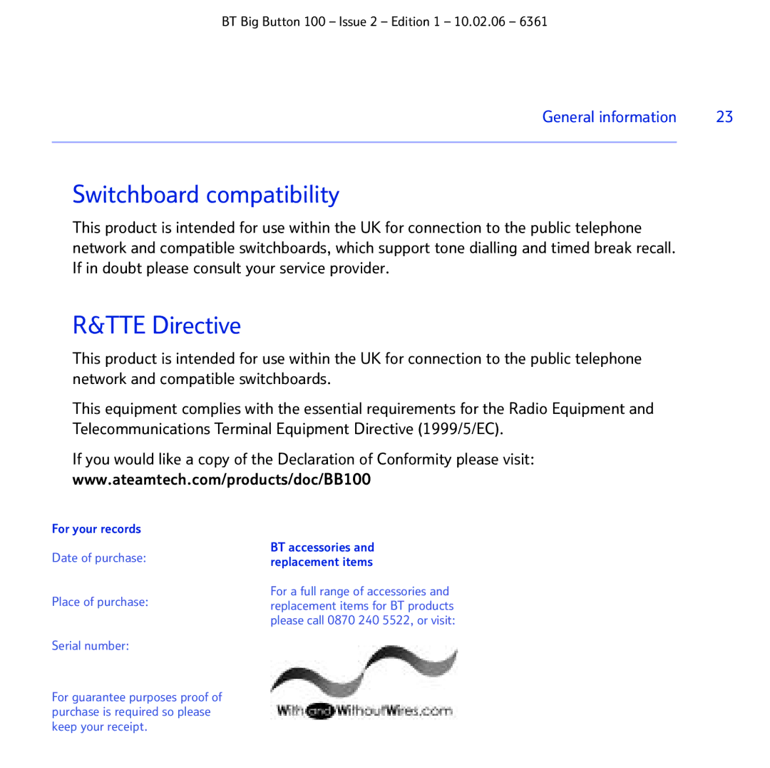 BT Big Button 100 manual Switchboard compatibility, TTE Directive 