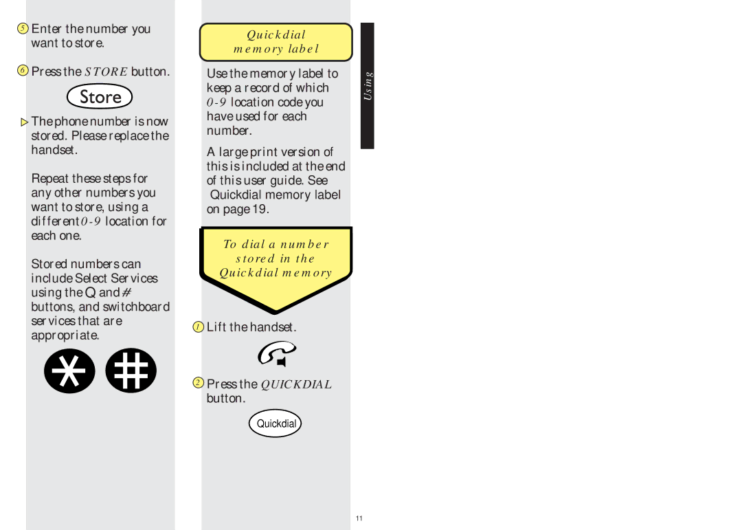 BT BIG Button phone manual Quickdial Memory label, To dial a number Stored Quickdial memory 