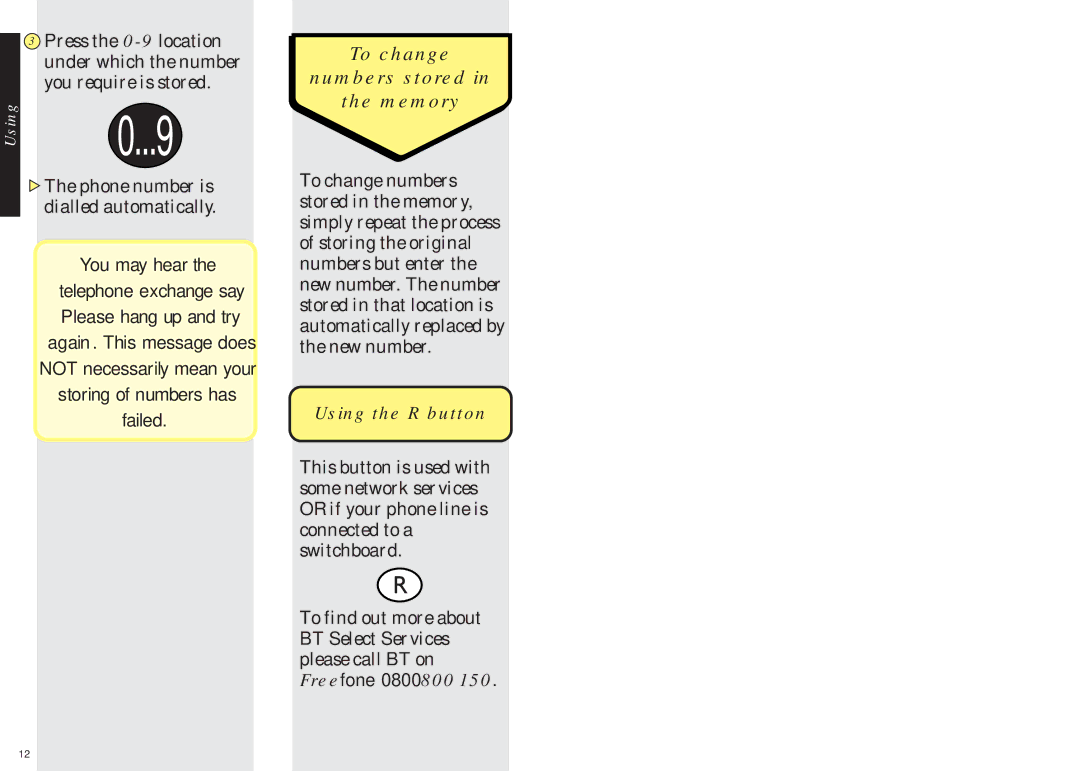 BT BIG Button phone manual To change Numbers stored Memory, Using the R button 