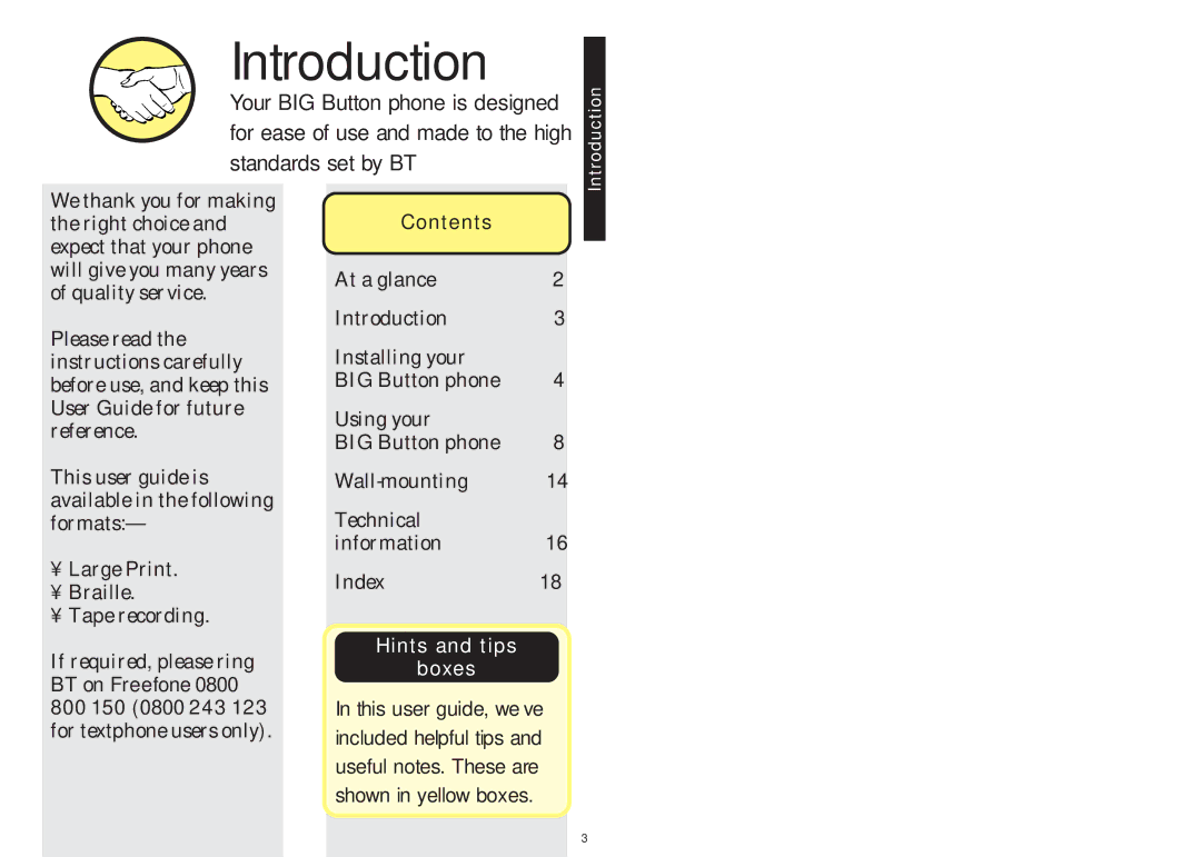 BT BIG Button phone manual Introduction, Contents 