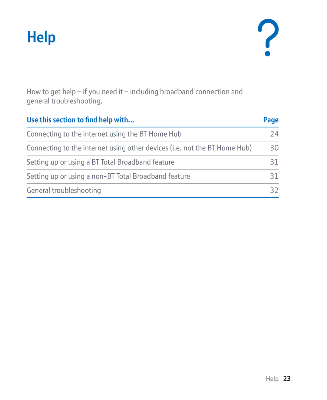 BT Broadband manual Help, Use this section to find help with…, Connecting to the internet using the BT Home Hub 