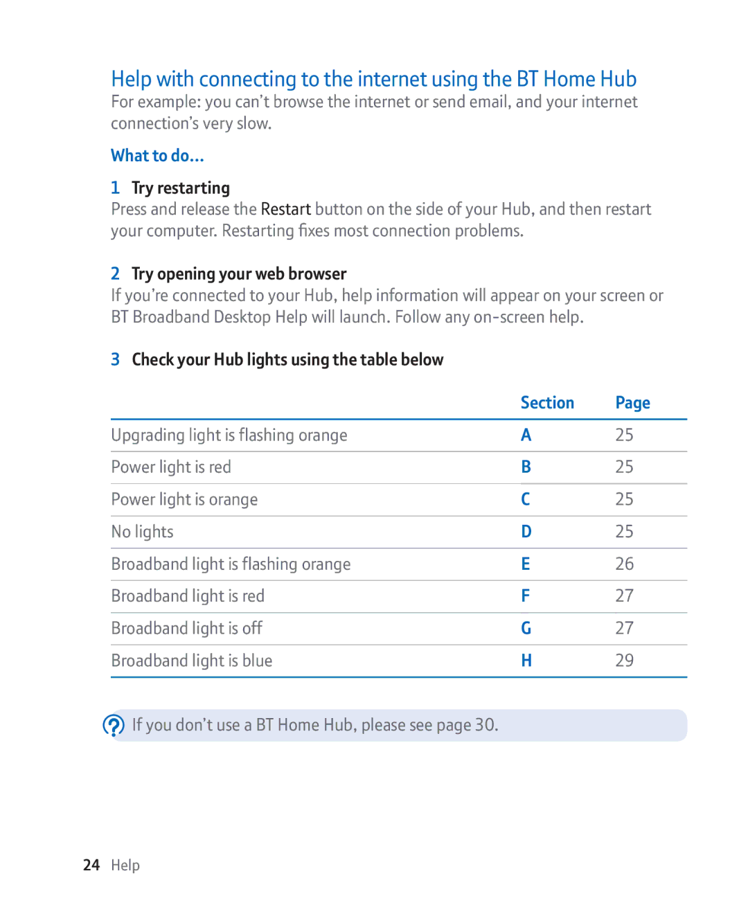 BT Broadband manual Help with connecting to the internet using the BT Home Hub, What to do…, Section 