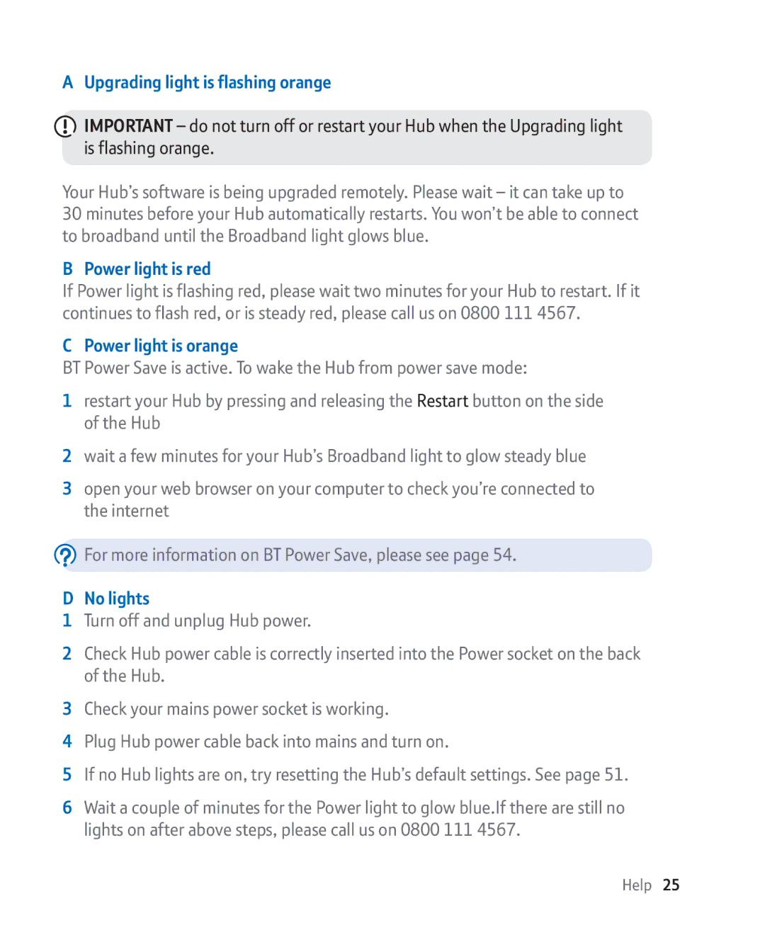 BT Broadband manual Upgrading light is flashing orange, Power light is red, Power light is orange, No lights 