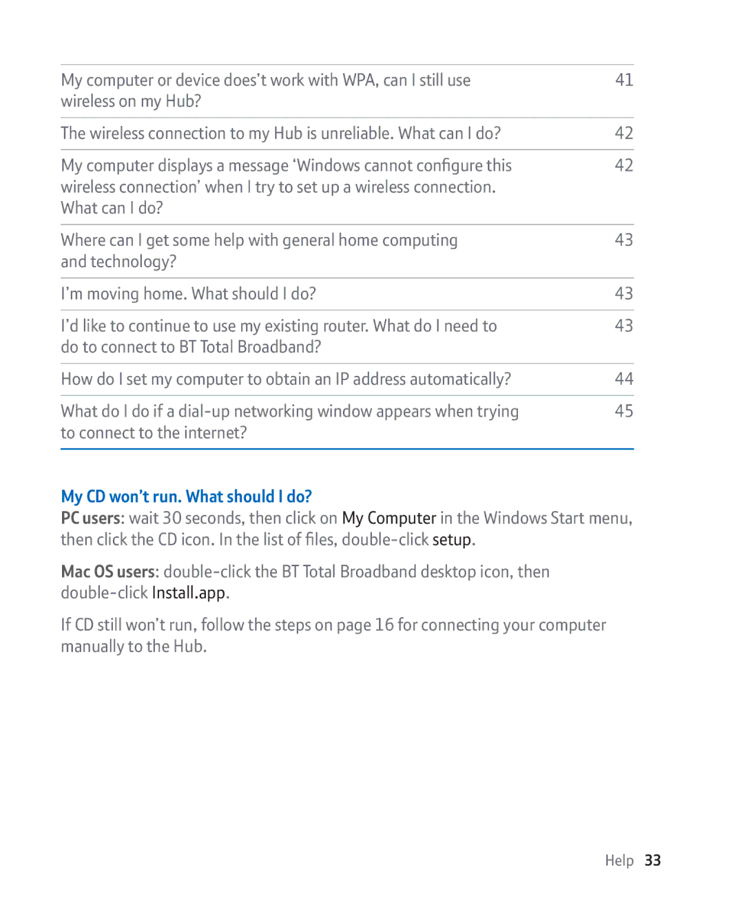 BT Broadband manual To connect to the internet?, My CD won’t run. What should I do? 