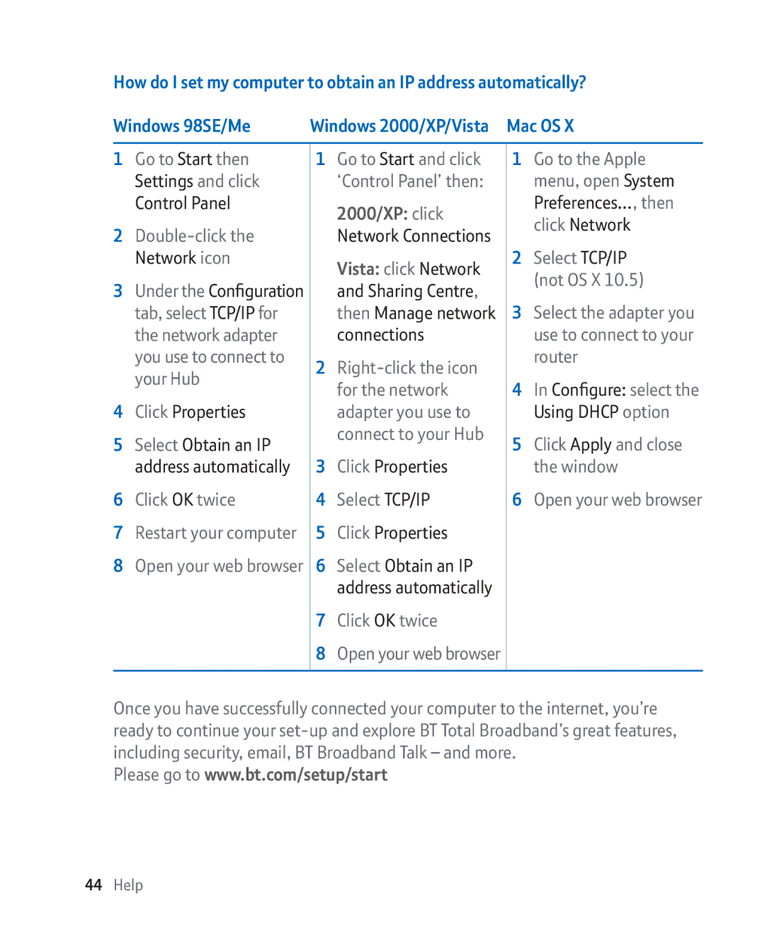 BT Broadband Preferences…, then, Click Network, Double-click, Network icon, Select TCP/IP, Not OS X, Click Properties 