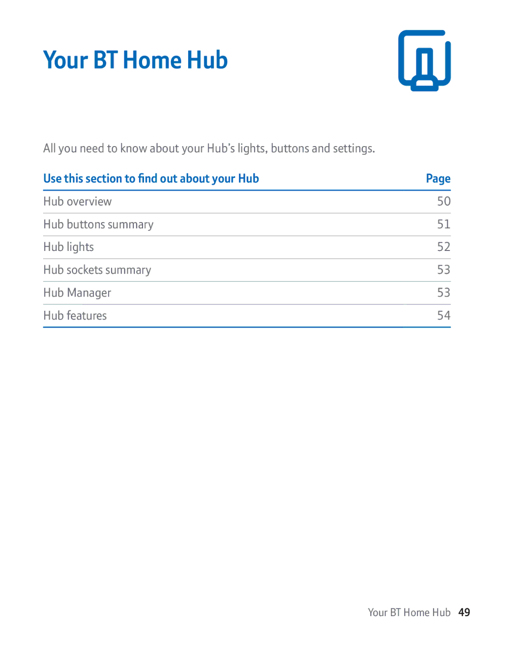 BT Broadband manual Your BT Home Hub, Use this section to find out about your Hub 