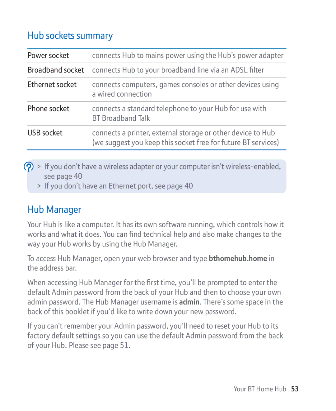 BT Broadband manual Hub sockets summary, Hub Manager 