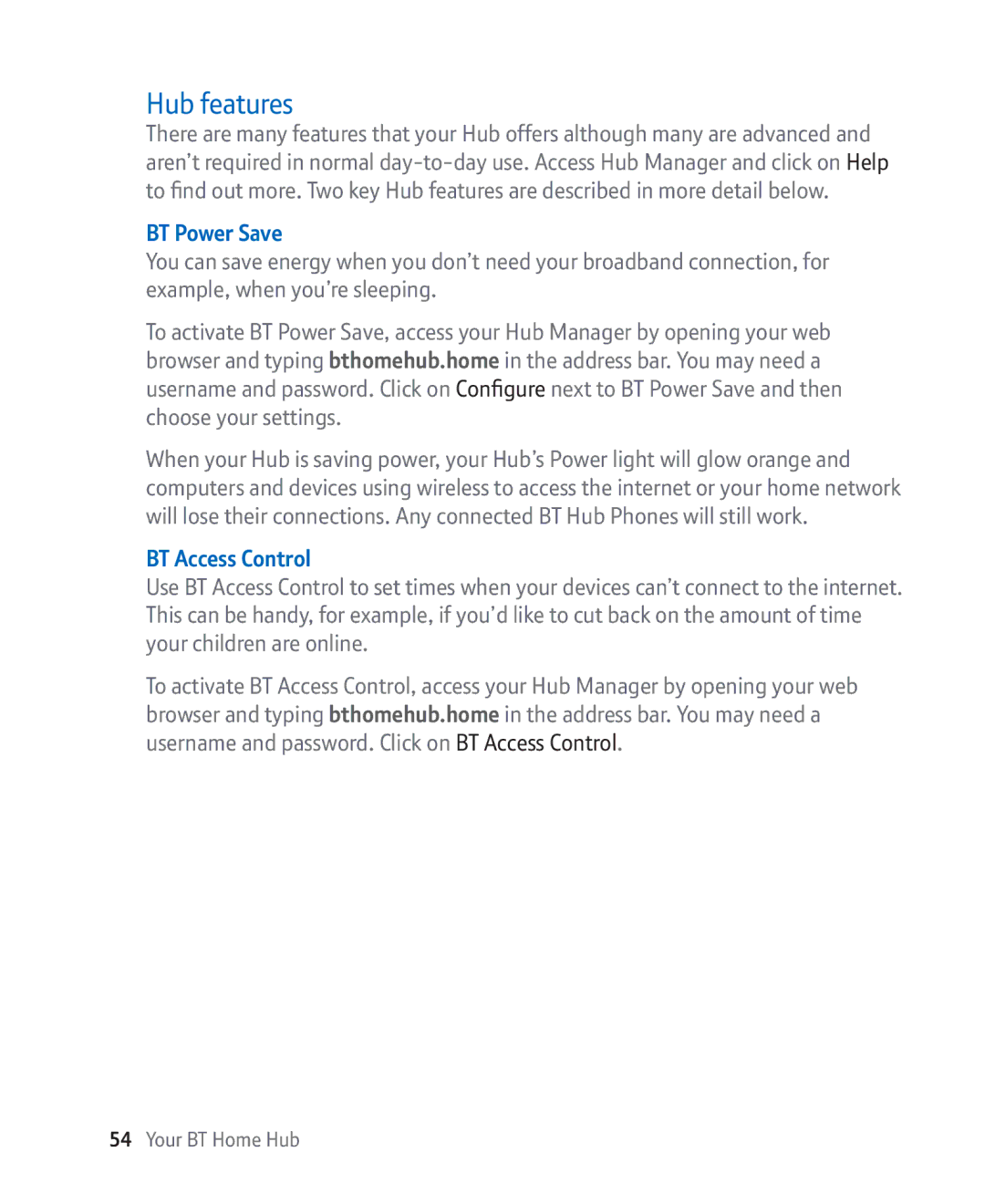 BT Broadband manual Hub features, BT Power Save, BT Access Control 