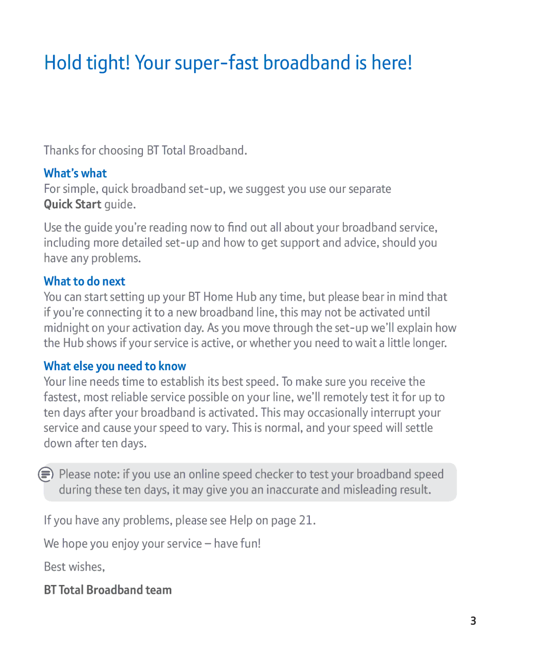 BT manual Thanks for choosing BT Total Broadband, What’s what, What to do next, What else you need to know 