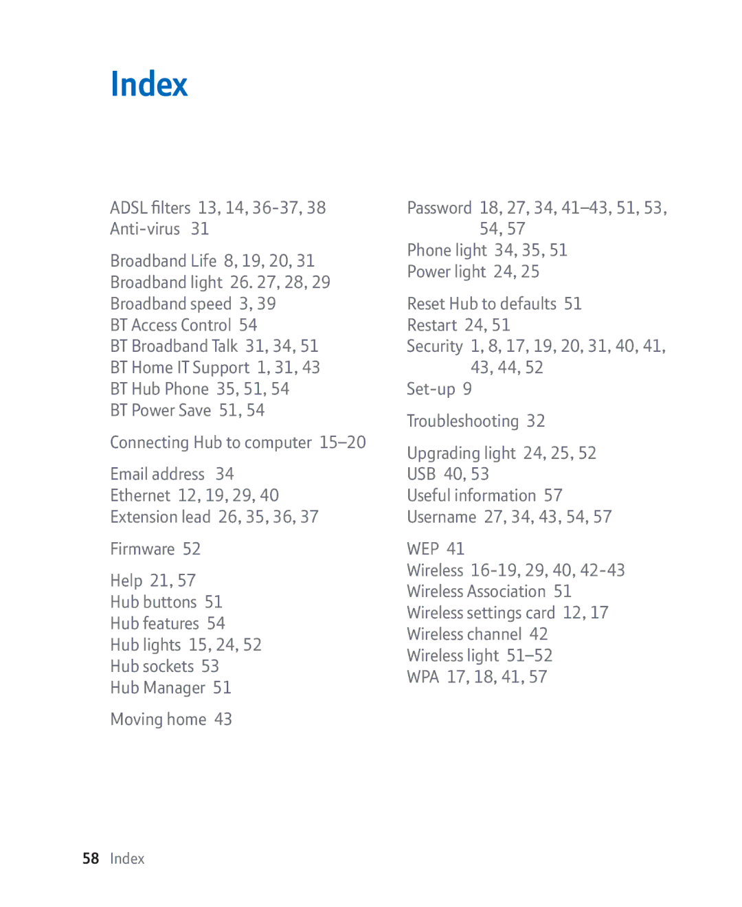 BT Broadband manual Index, Upgrading light 24, 25, 52 USB 40 