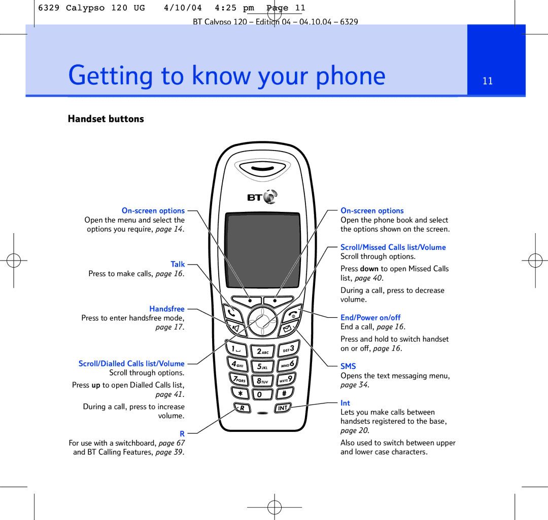 BT BT Calypso 120 manual Getting to know your phone, Handset buttons 