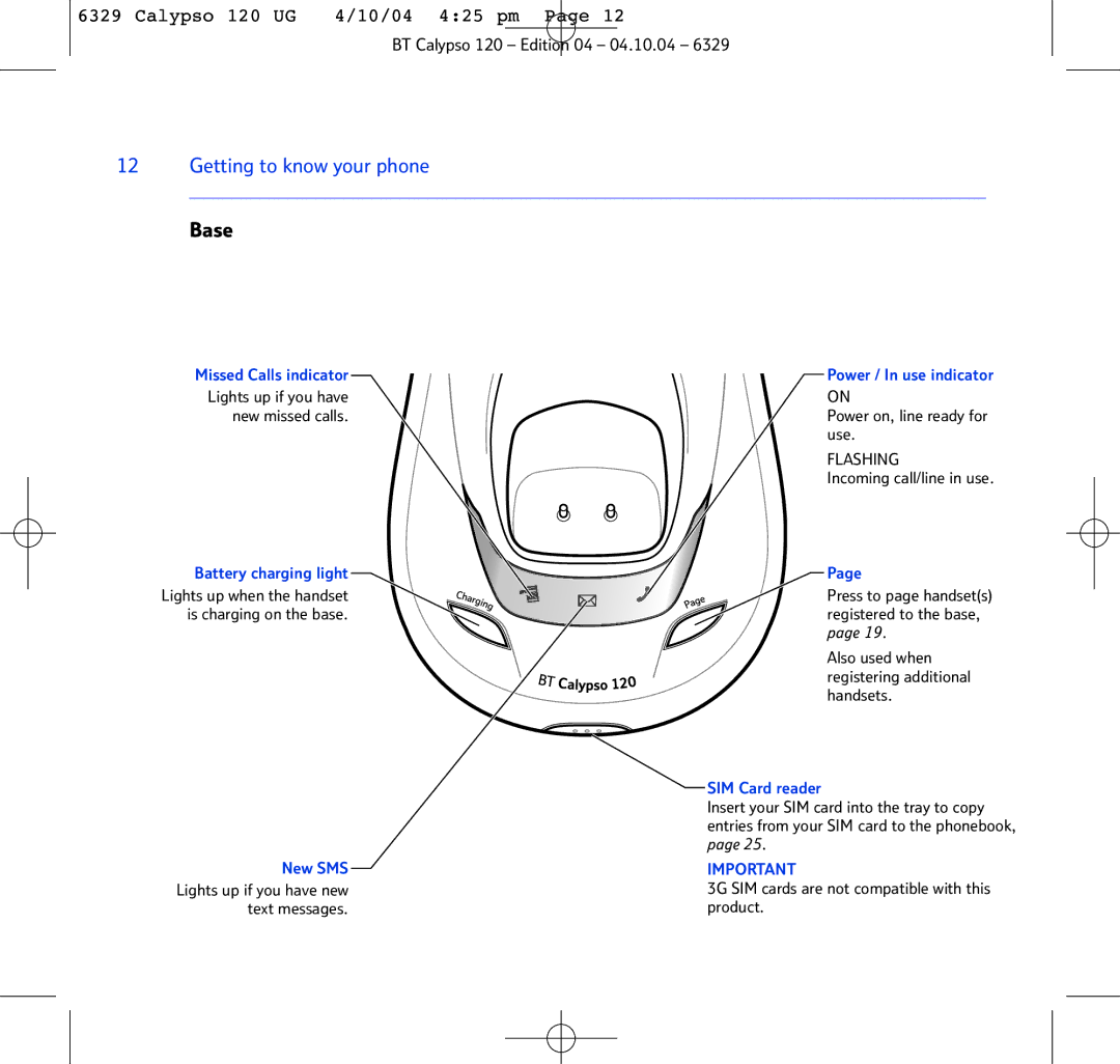 BT BT Calypso 120 manual Getting to know your phone, Base 