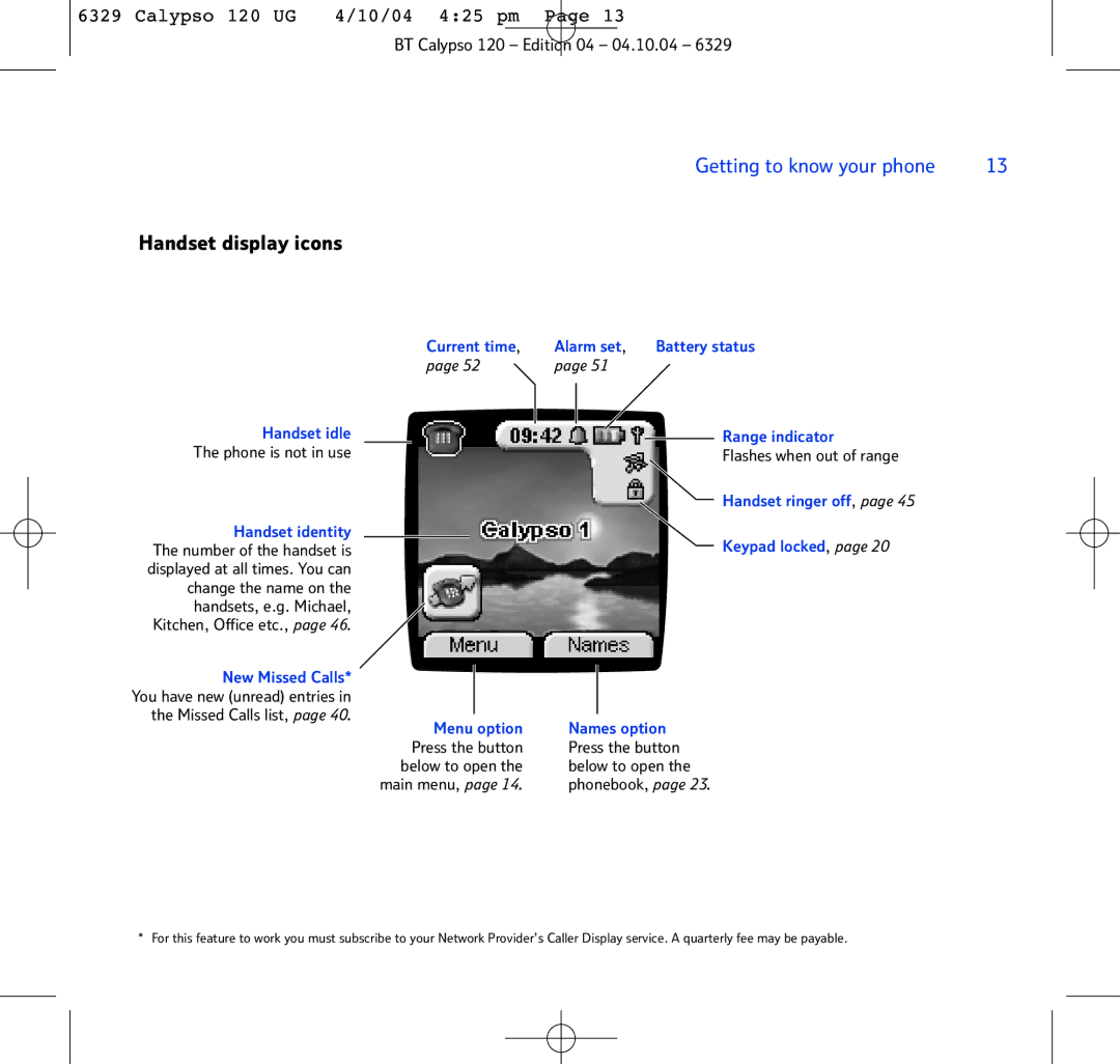 BT BT Calypso 120 manual Handset display icons, Handset idle 