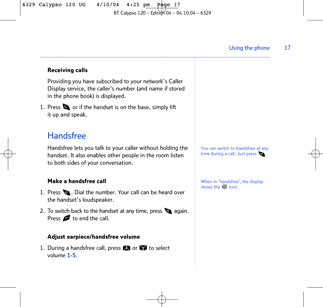 BT BT Calypso 120 manual Handsfree 