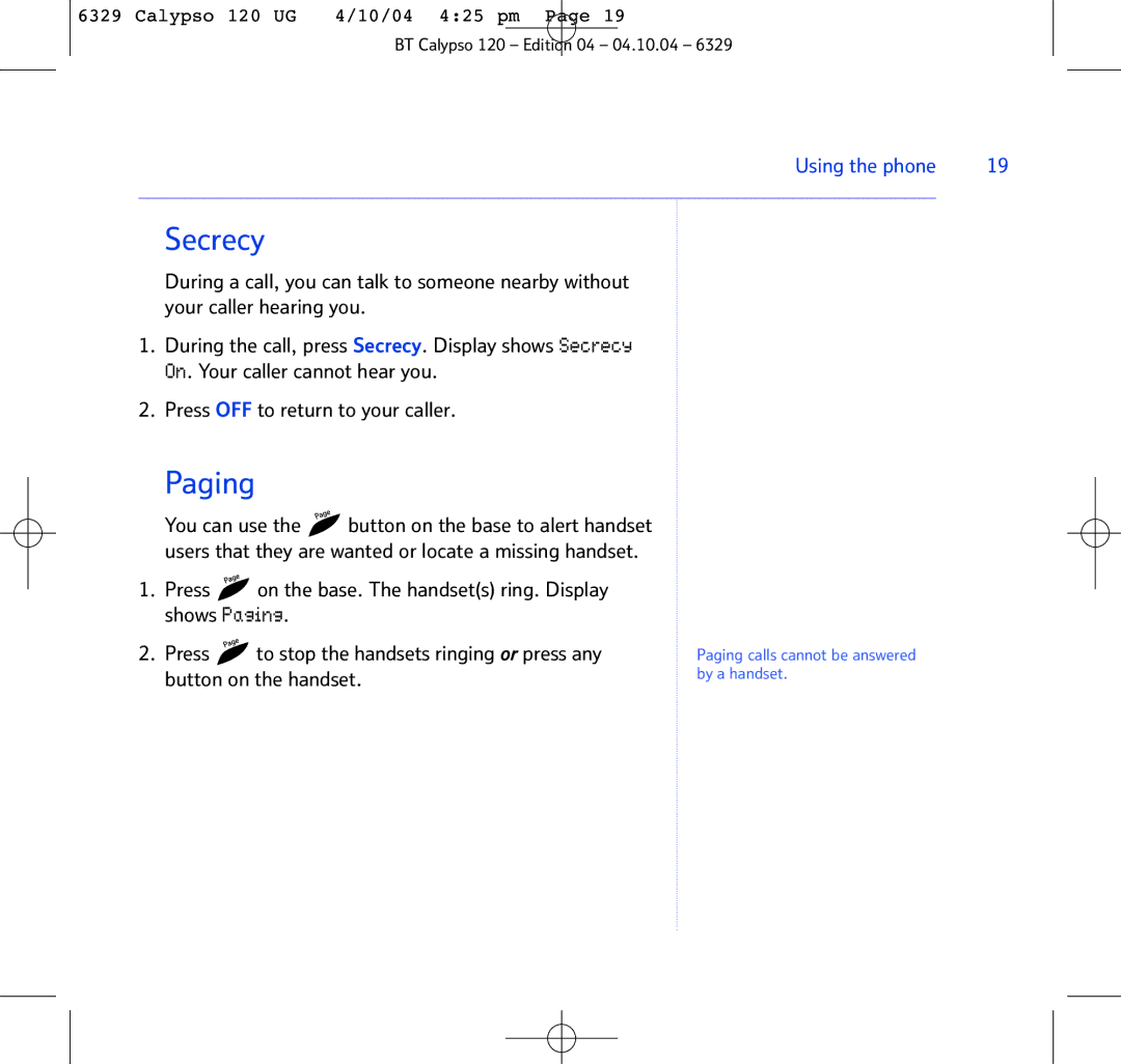 BT BT Calypso 120 manual Secrecy, Paging 