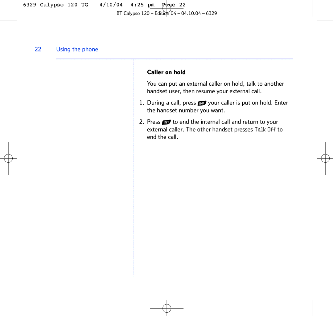 BT BT Calypso 120 manual Caller on hold 