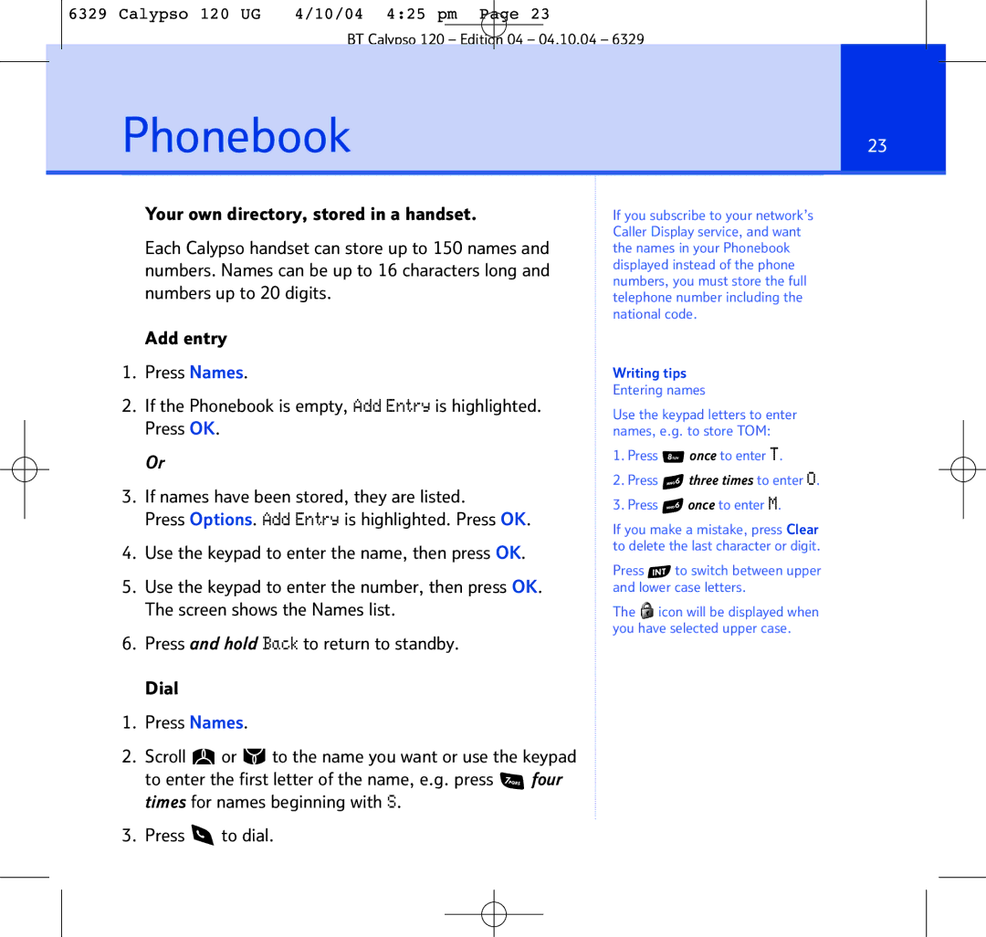 BT BT Calypso 120 manual Phonebook23 