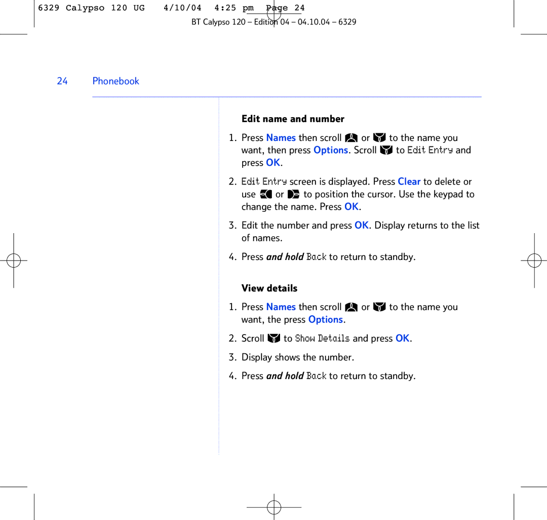 BT BT Calypso 120 manual Phonebook 