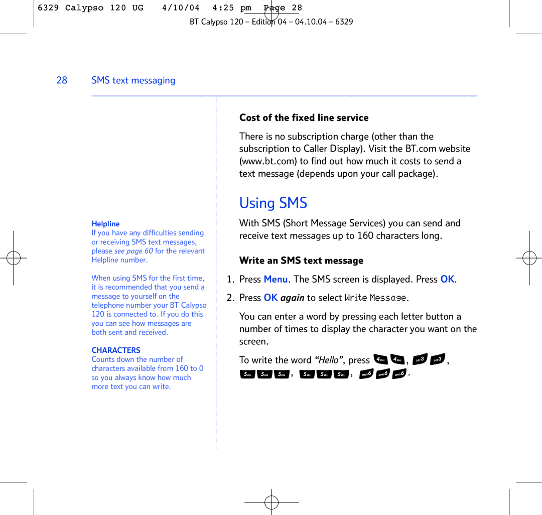 BT BT Calypso 120 manual Using SMS, SMS text messaging, Cost of the fixed line service 