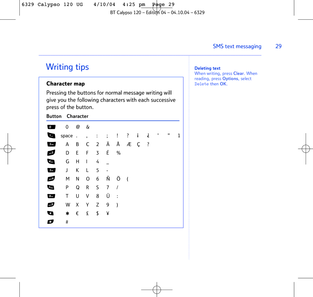 BT BT Calypso 120 manual Writing tips, Character map 