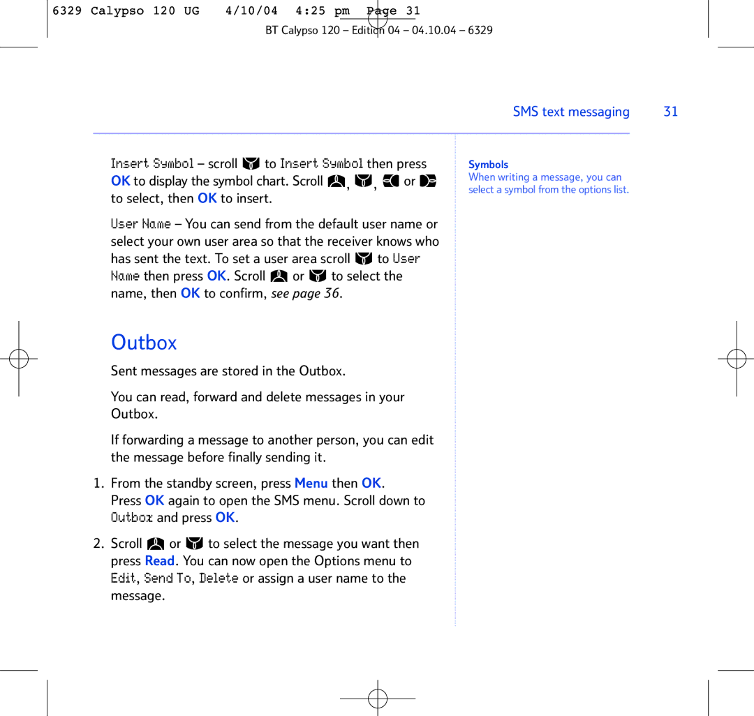 BT BT Calypso 120 manual Outbox, To select, then OK to insert 