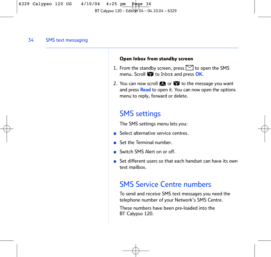 BT BT Calypso 120 manual SMS settings, SMS Service Centre numbers, These numbers have been pre-loaded into BT Calypso 