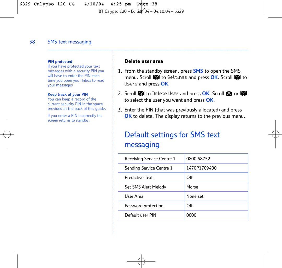 BT BT Calypso 120 manual Default settings for SMS text 