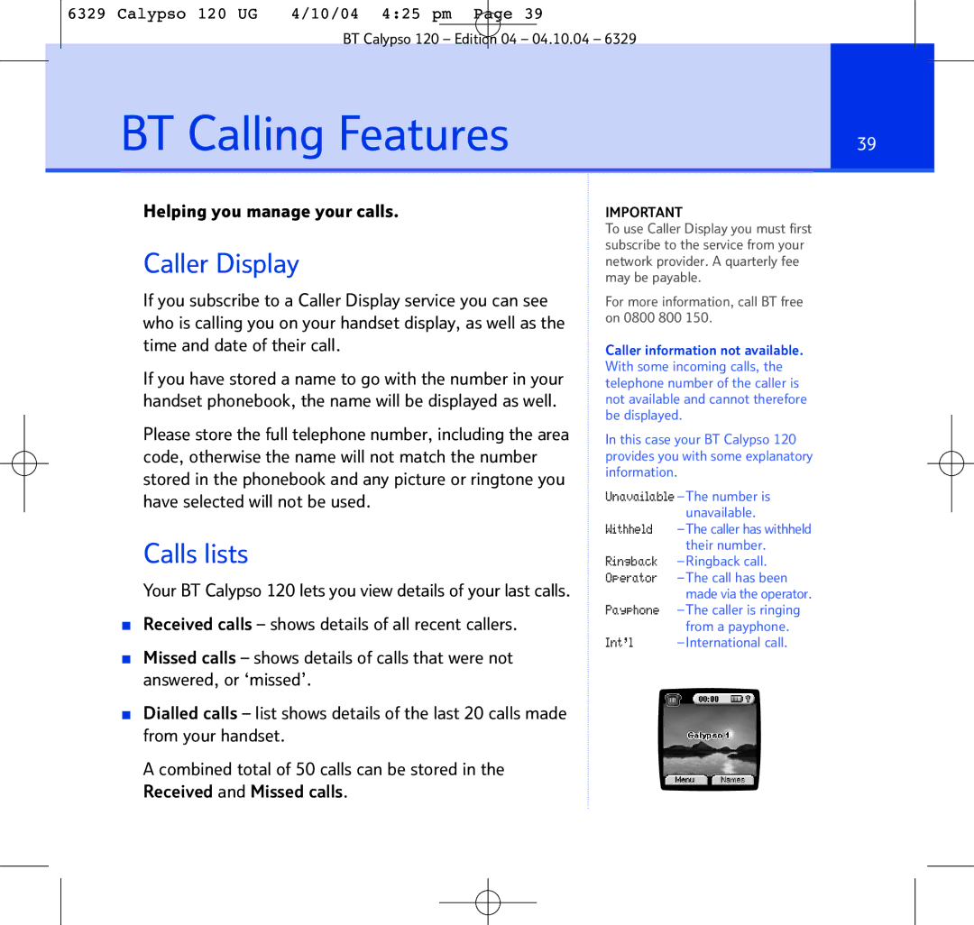 BT BT Calypso 120 manual BT Calling Features, Caller Display, Calls lists, Helping you manage your calls 