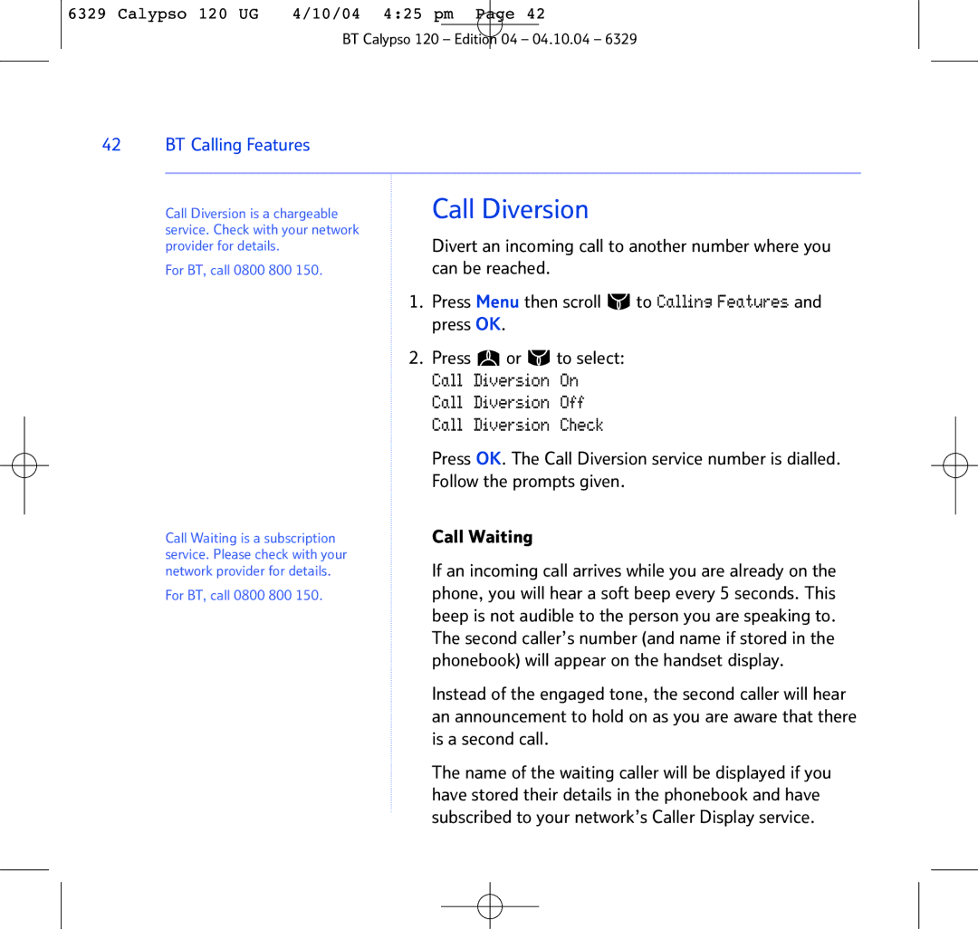 BT BT Calypso 120 manual Call Diversion, Press Menu then scroll, To select 