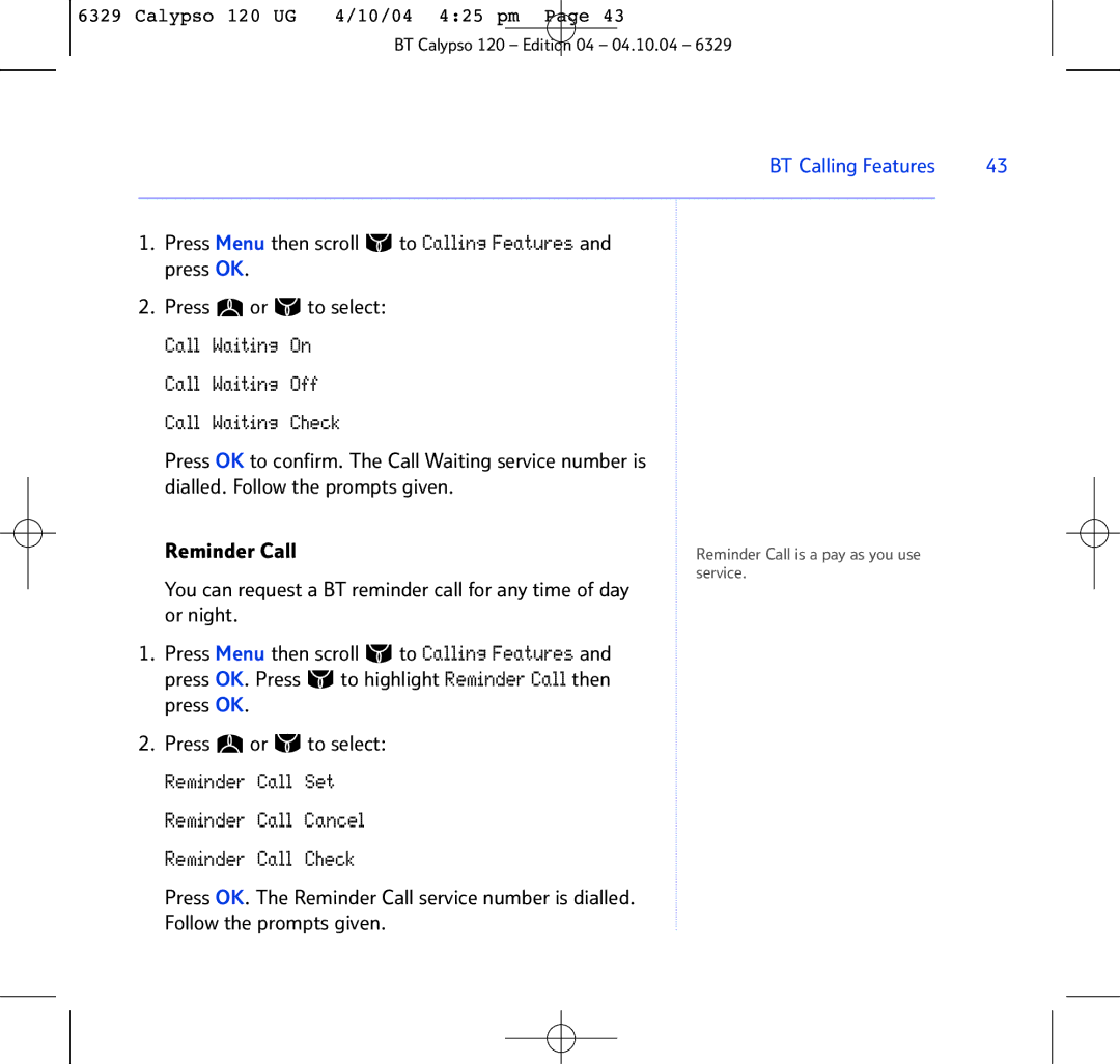 BT BT Calypso 120 manual Call Waiting On Call Waiting Off Call Waiting Check 