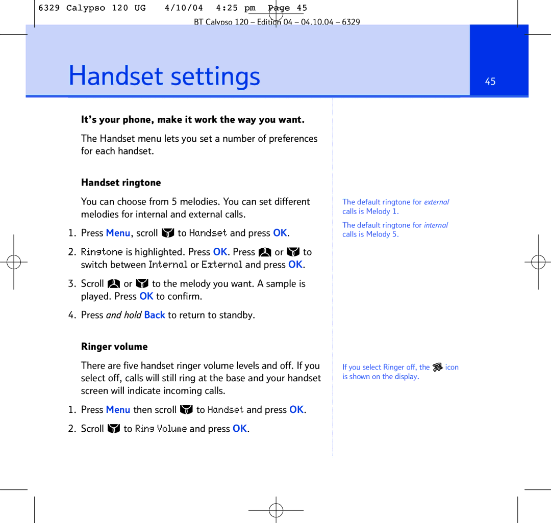 BT BT Calypso 120 manual Handset settings 