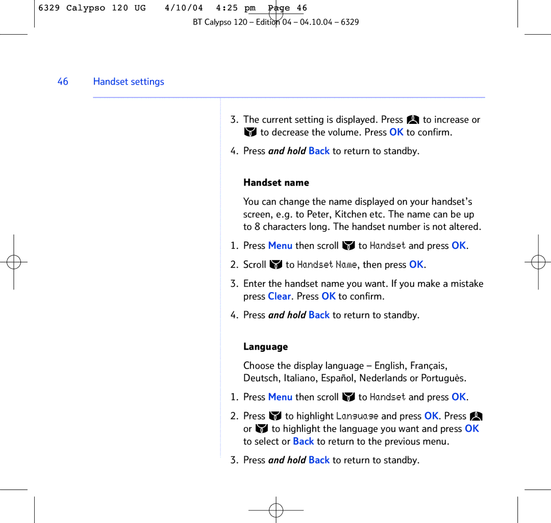 BT BT Calypso 120 manual Handset settings 
