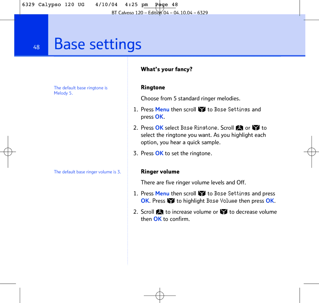 BT BT Calypso 120 manual Base settings 