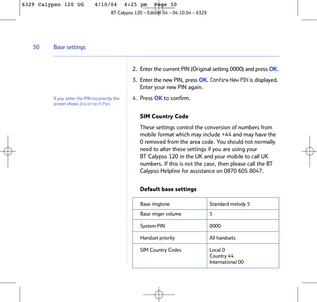 BT BT Calypso 120 manual Base settings 