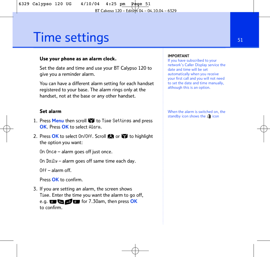 BT BT Calypso 120 manual Time settings, For 7.30am, then press OK to confirm 