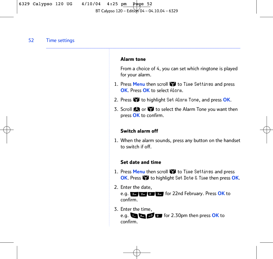 BT BT Calypso 120 manual Time settings 