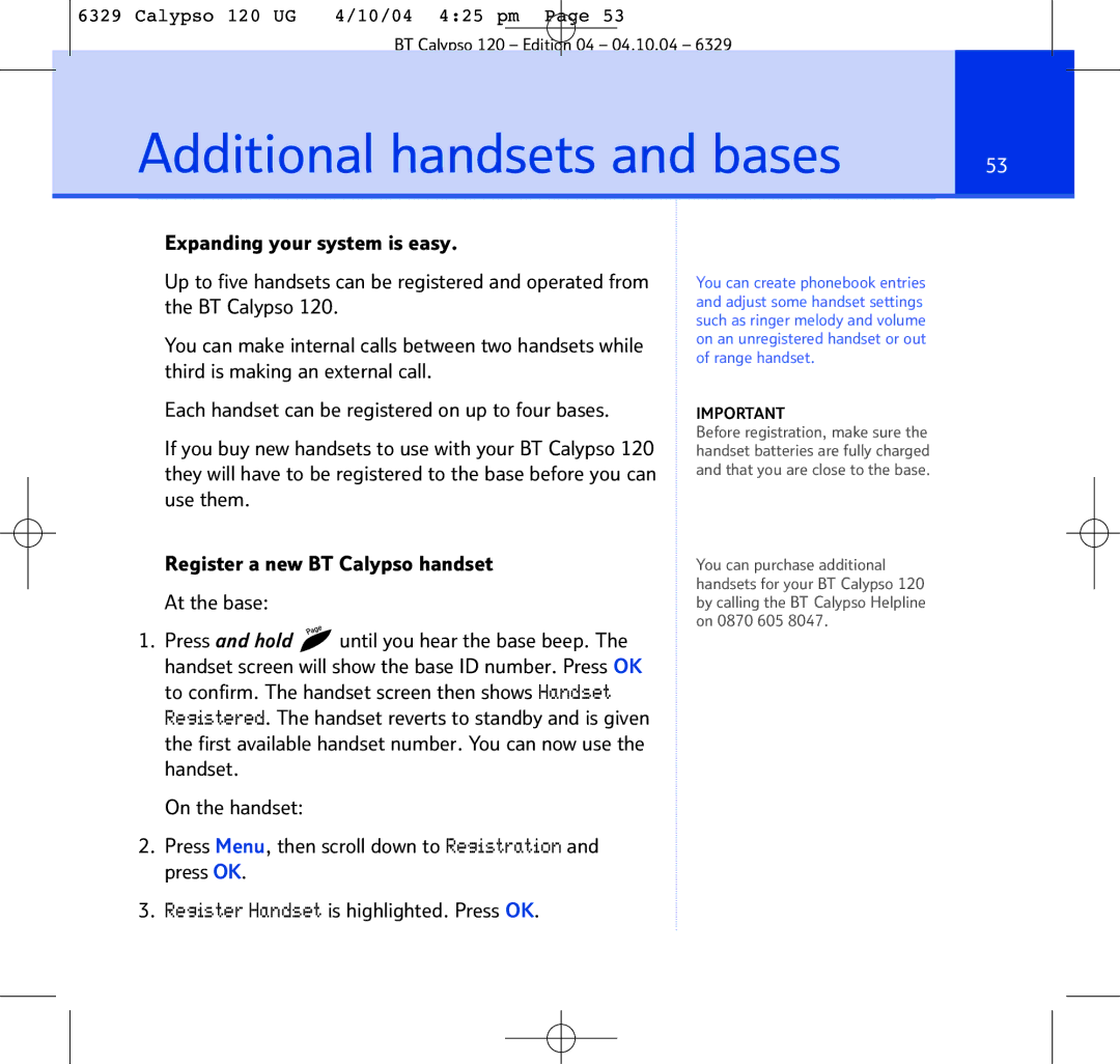 BT BT Calypso 120 manual Additional handsets and bases 