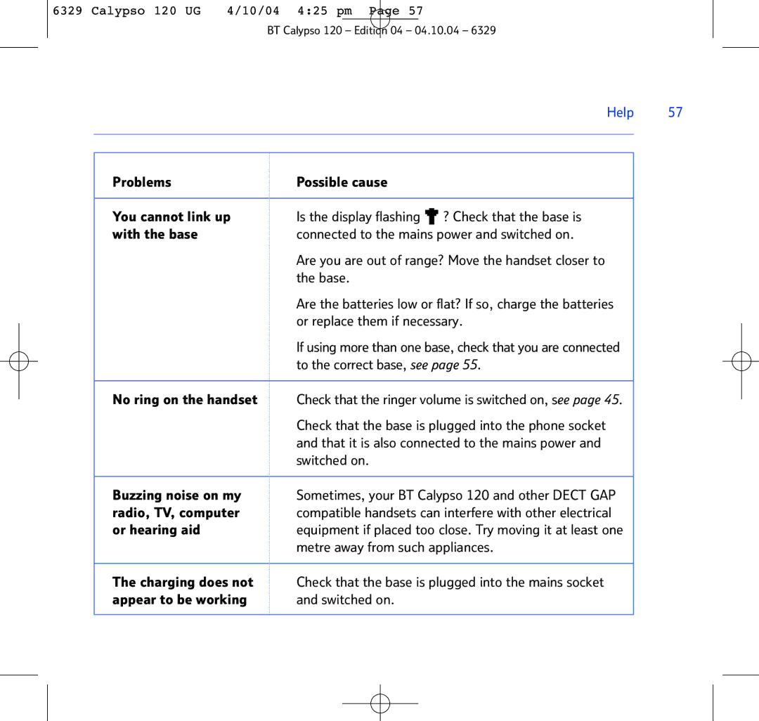 BT BT Calypso 120 manual Problems Possible cause You cannot link up, Or replace them if necessary, Radio, TV, computer 