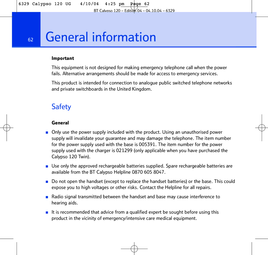 BT BT Calypso 120 manual General information, Safety 