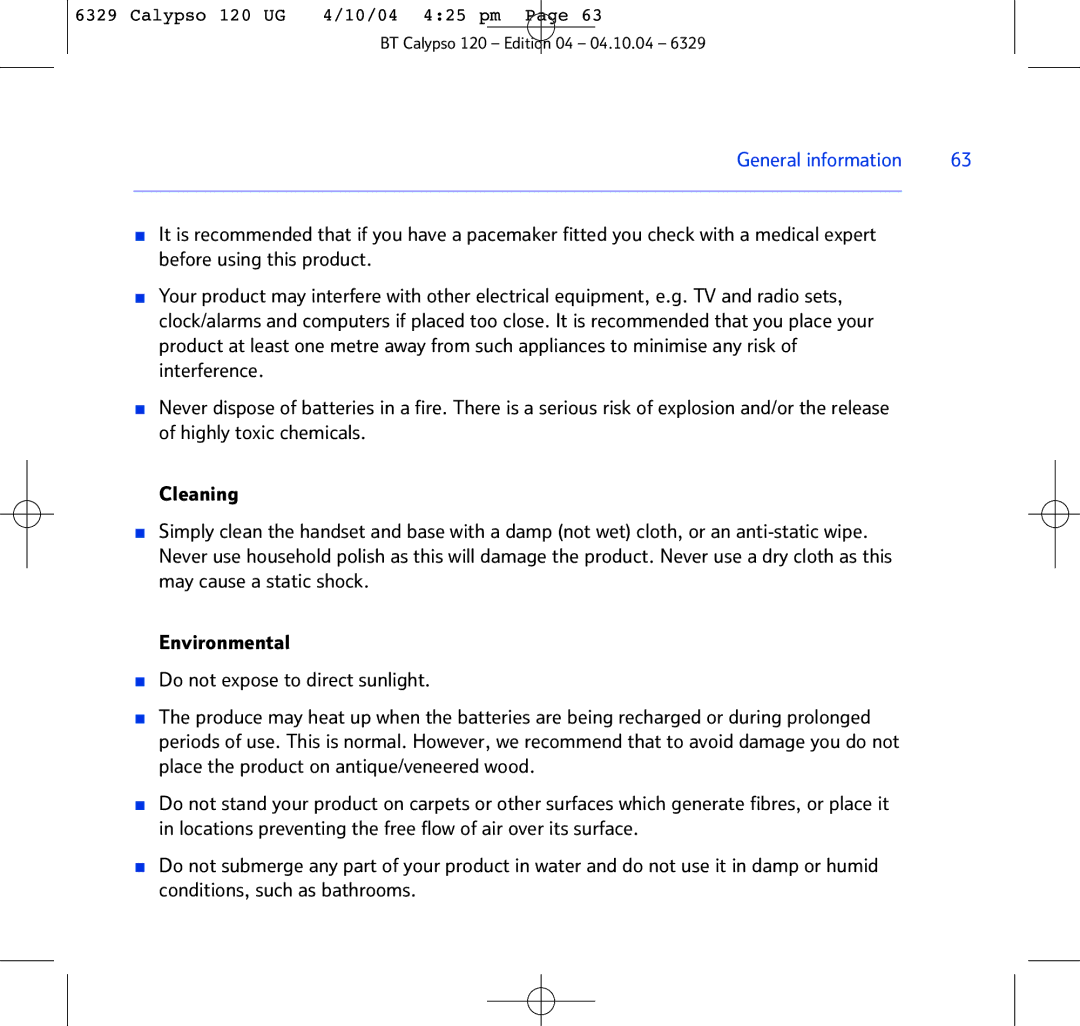 BT BT Calypso 120 manual General information 