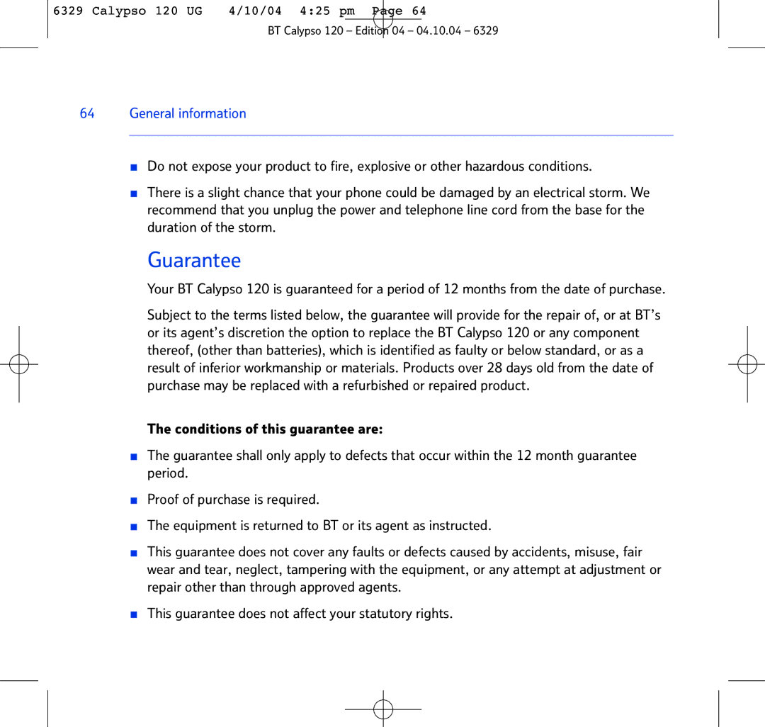 BT BT Calypso 120 manual Guarantee, General information 