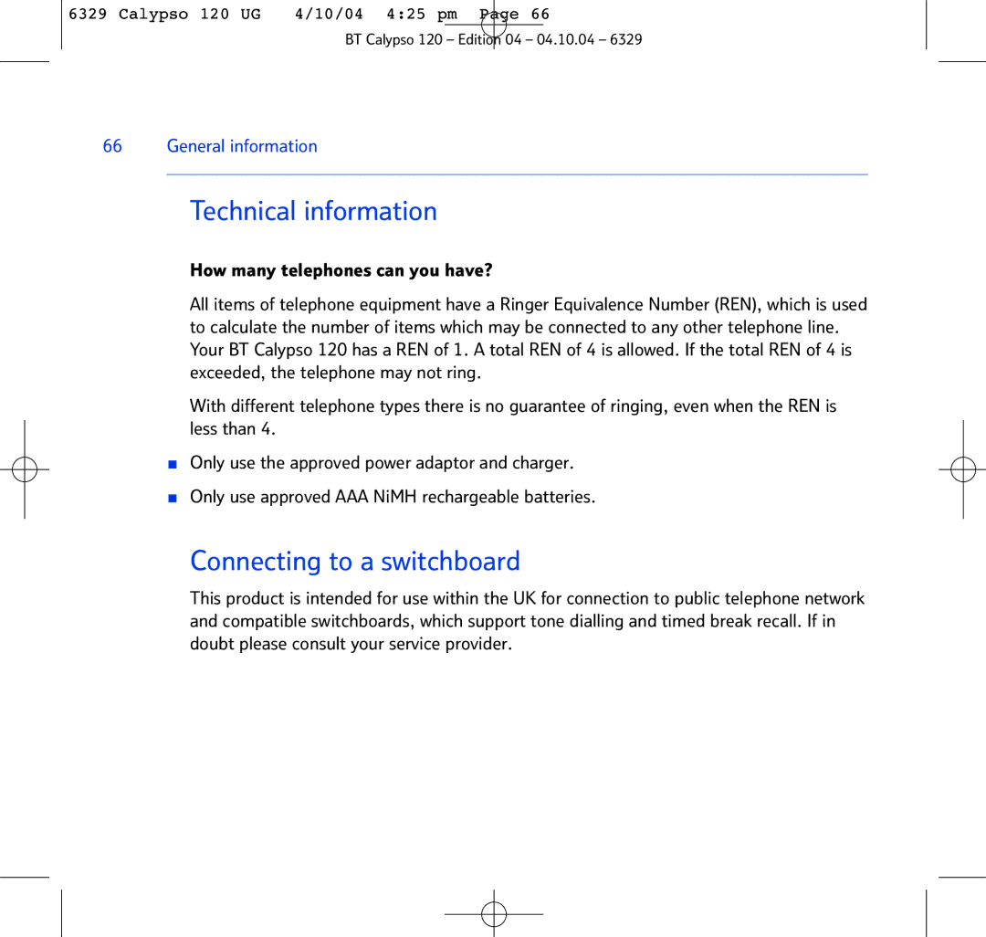 BT BT Calypso 120 manual Technical information, Connecting to a switchboard 