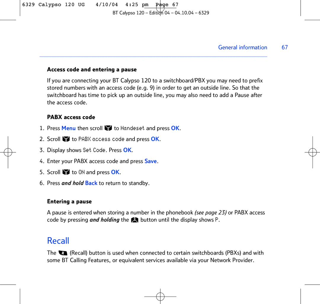 BT BT Calypso 120 manual Recall 