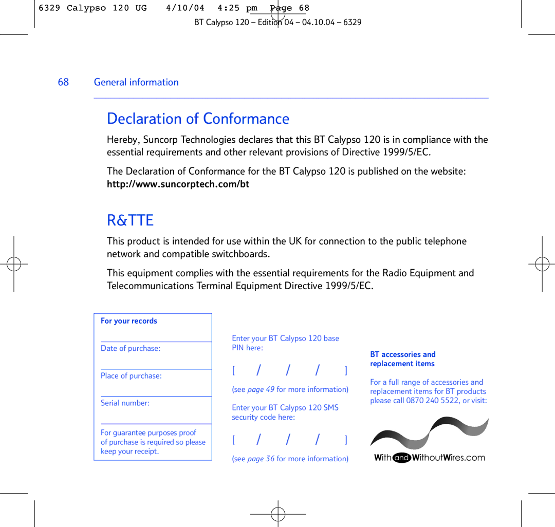 BT BT Calypso 120 manual Declaration of Conformance, Tte 