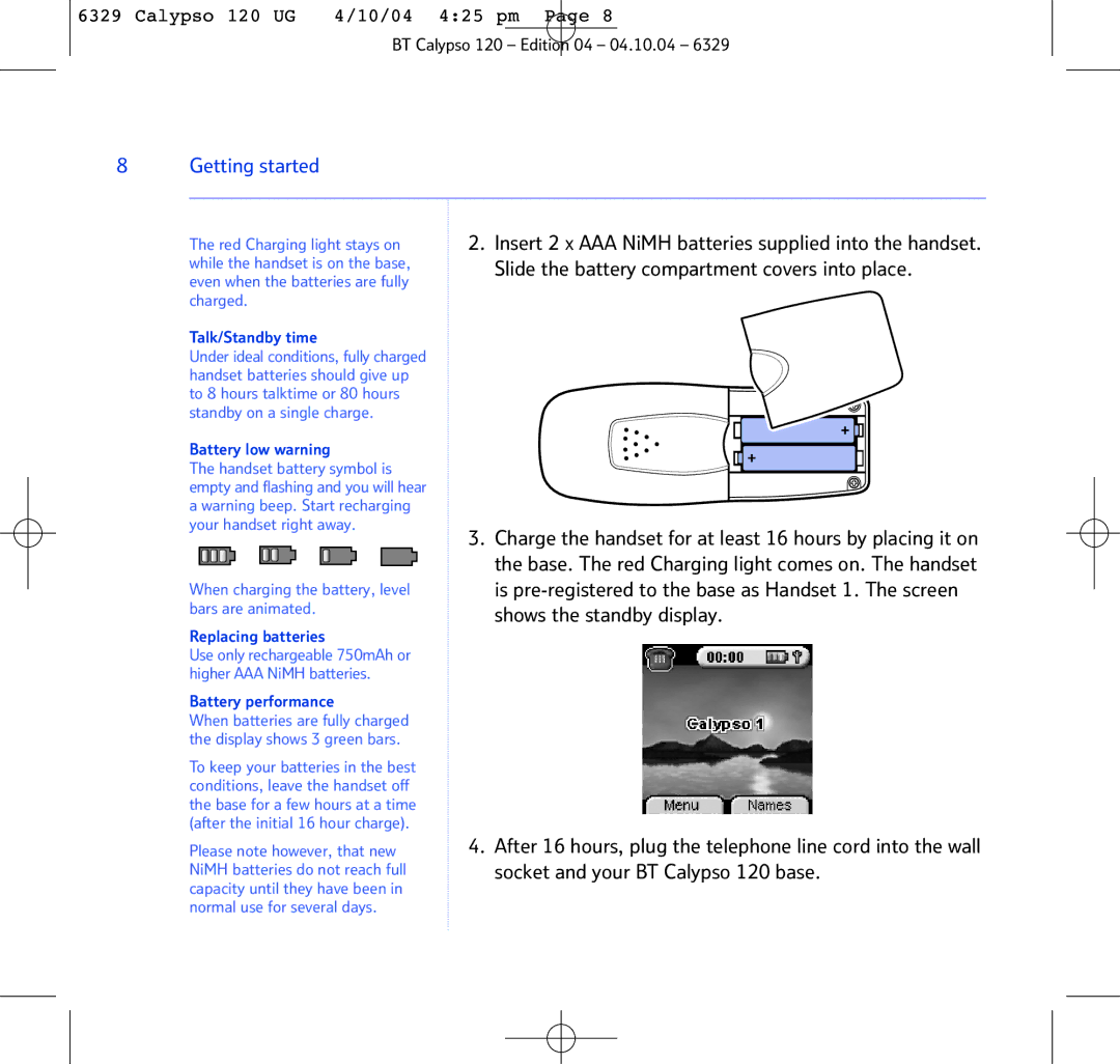 BT BT Calypso 120 manual Getting started, Talk/Standby time 