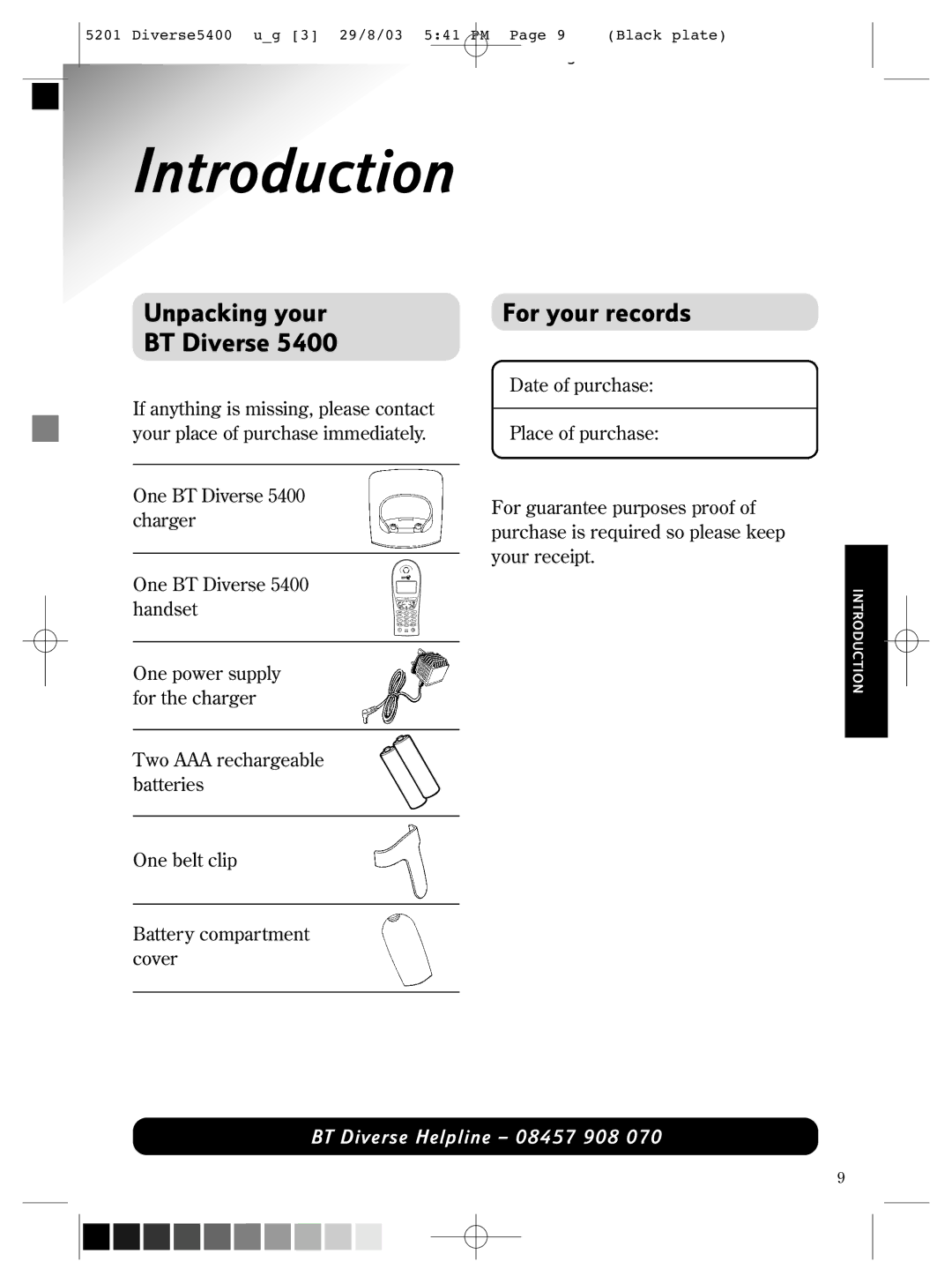 BT BT DIVERSE 5400 manual Introduction, Unpacking your BT Diverse, For your records 