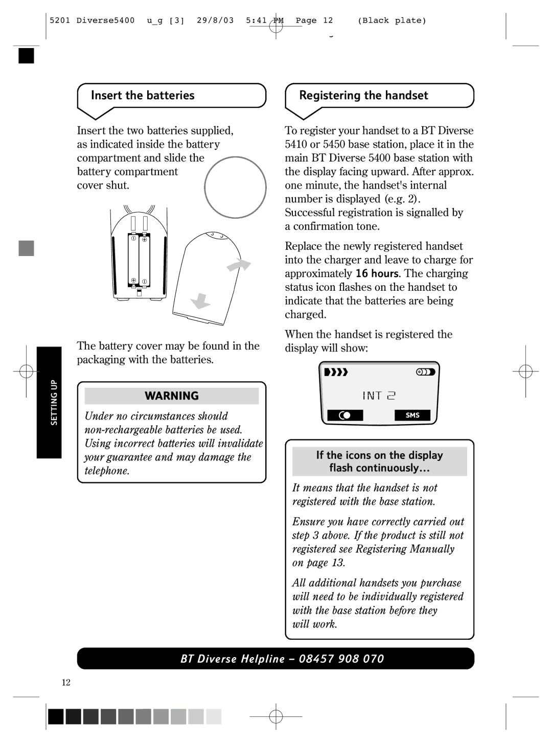 BT BT DIVERSE 5400 manual Insert the batteries, Registering the handset 