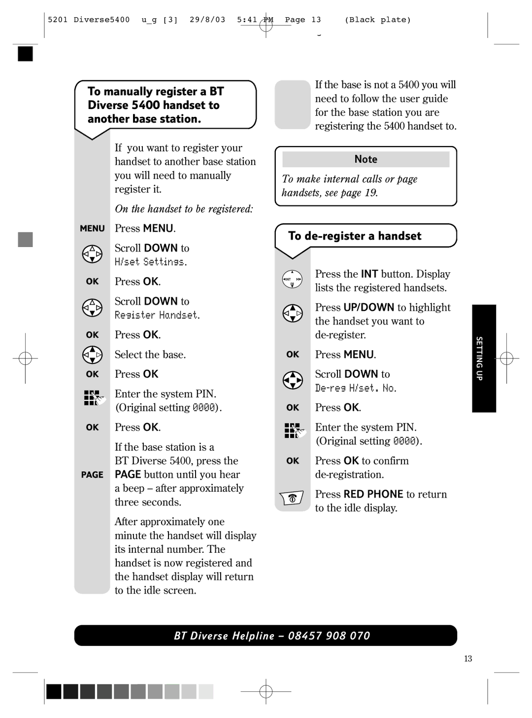 BT BT DIVERSE 5400 manual To de-register a handset, Set Settings, Register Handset, De-reg H/set. No 